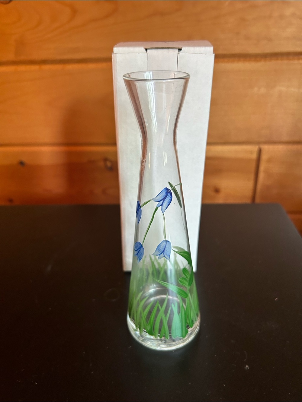 Hand-Painted Blue Floral Glass Bud Vase - Clear